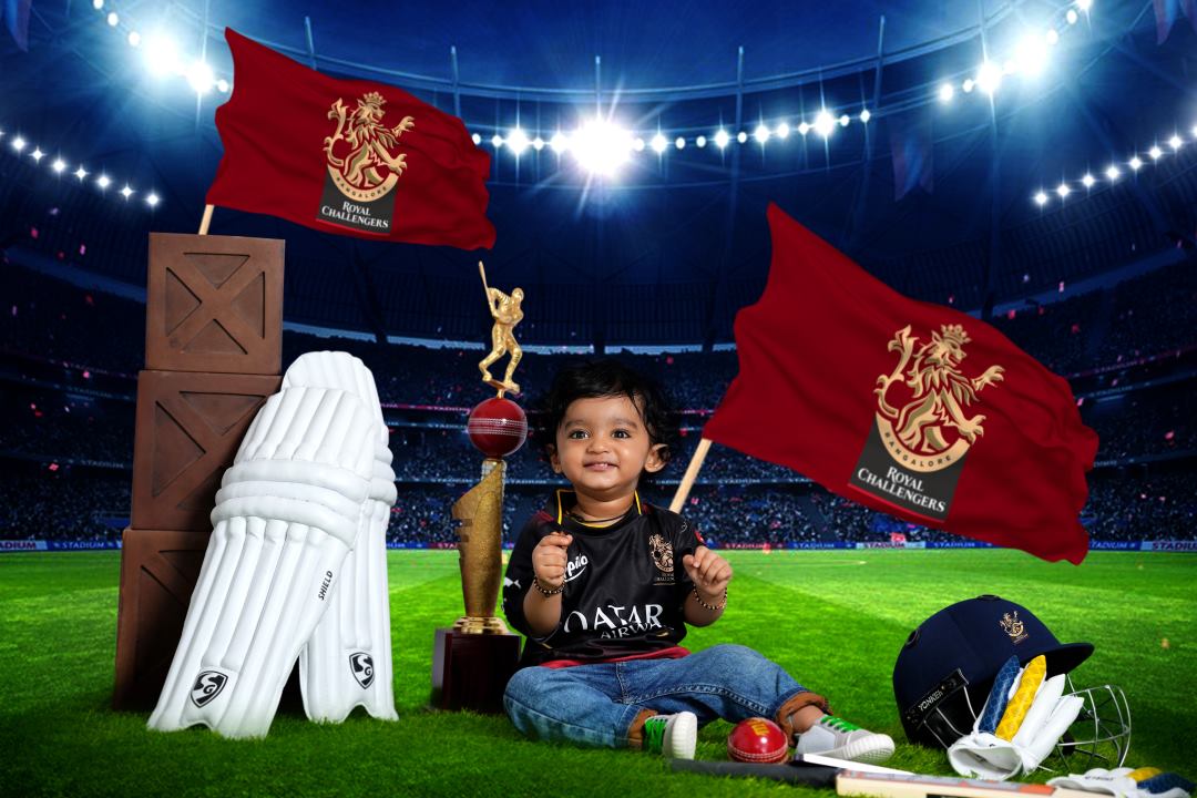 ipl baby photoshoot, ipl themed baby photoshoot, baby cricket photoshoot, RCB baby photoshoot